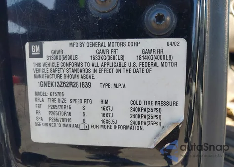 2002 Chevrolet Tahoe Lt z USA, uszkodzony, nr VIN 1GNEK13Z62R281839